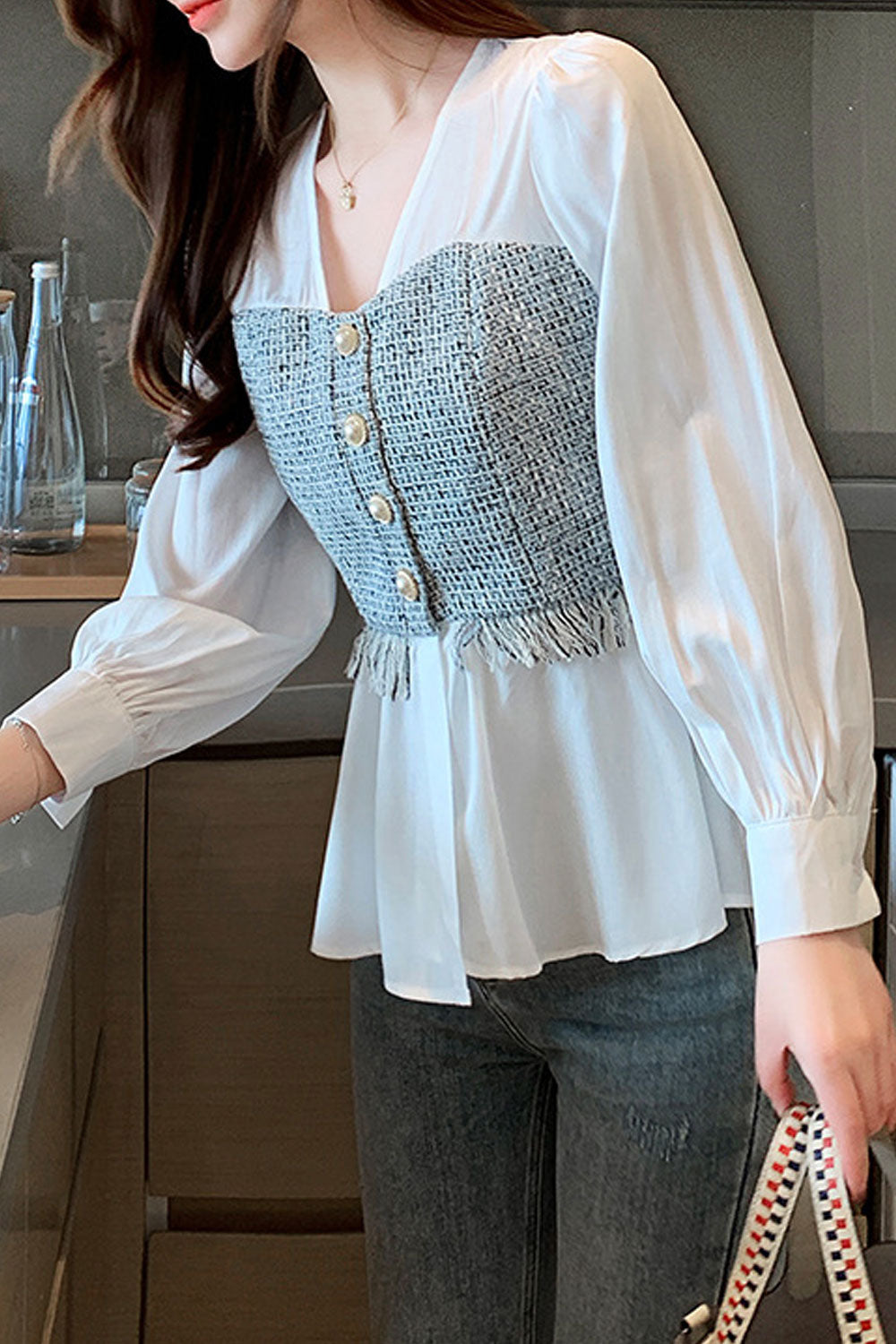 Women Splendid Solid Pattern Loose Long Sleeve V-Neck Pleated Hem Pullover Summer Casual Top