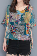 Women Relaxable Flared Sleeve Easy Round Neck Elegent Printed Pattern Pullover Casual Shirt