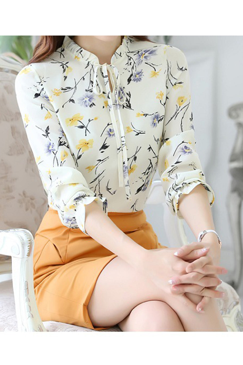 Women Stand Collar Fabulous Floral Printed Long Sleeve Shirt