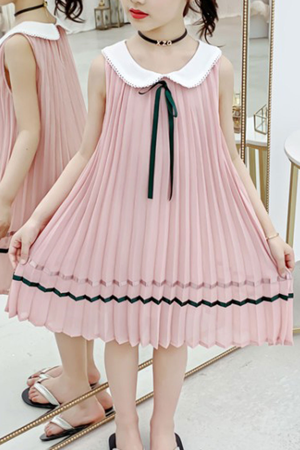Kids Girls Round Neck Sleeveless Styled Fabulous Solid Colored Summer Chiffon Casual Dress