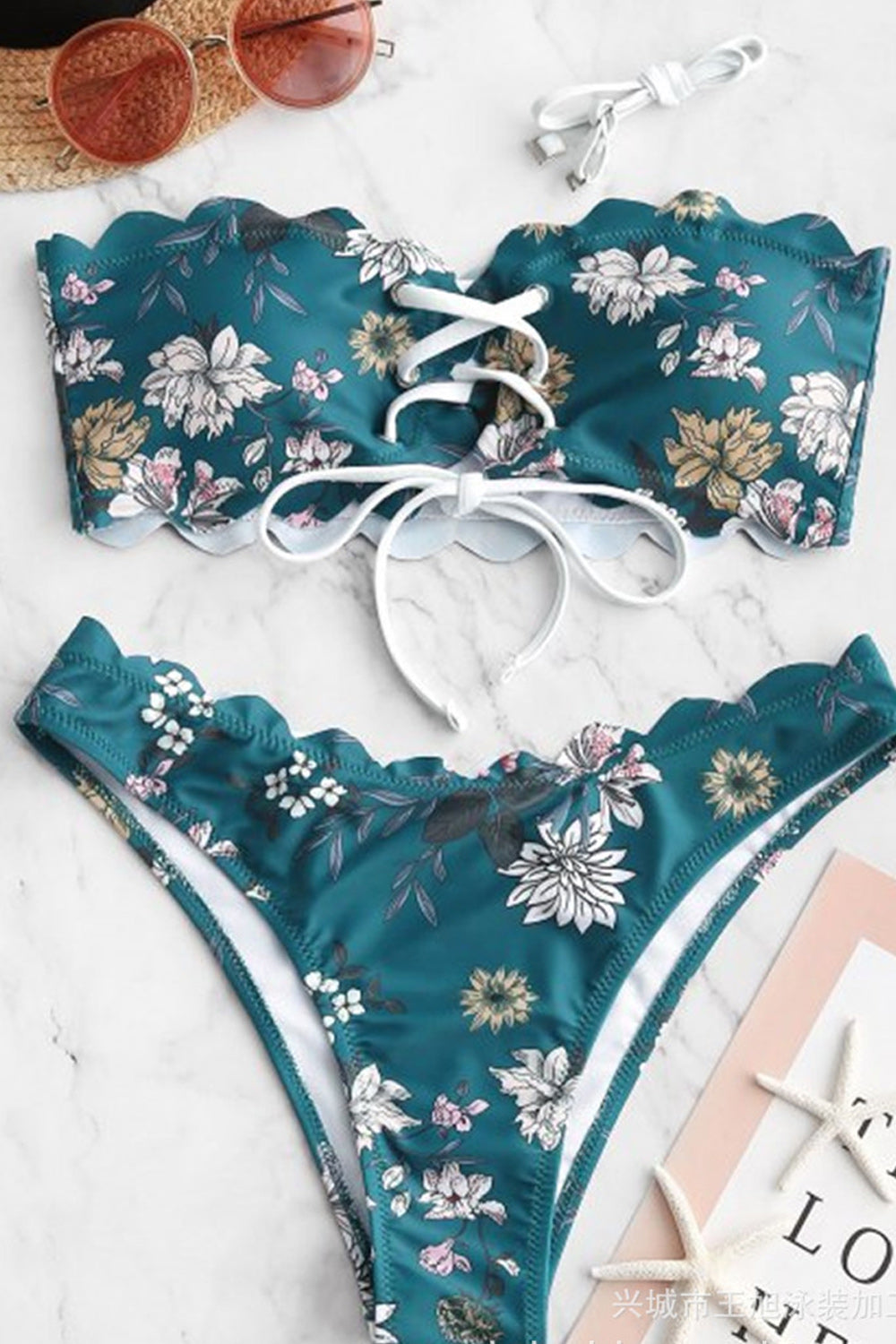Women Magnificent Flower Printed Tie Strap Soft Breathable Two Piece Swimwear