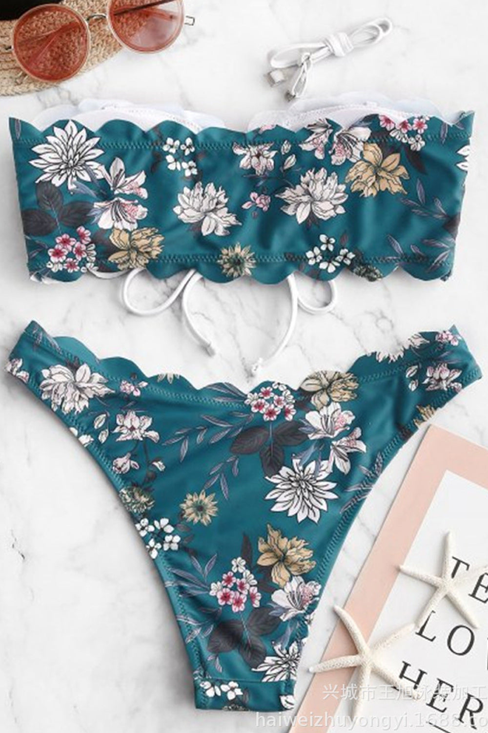 Women Magnificent Flower Printed Tie Strap Soft Breathable Two Piece Swimwear