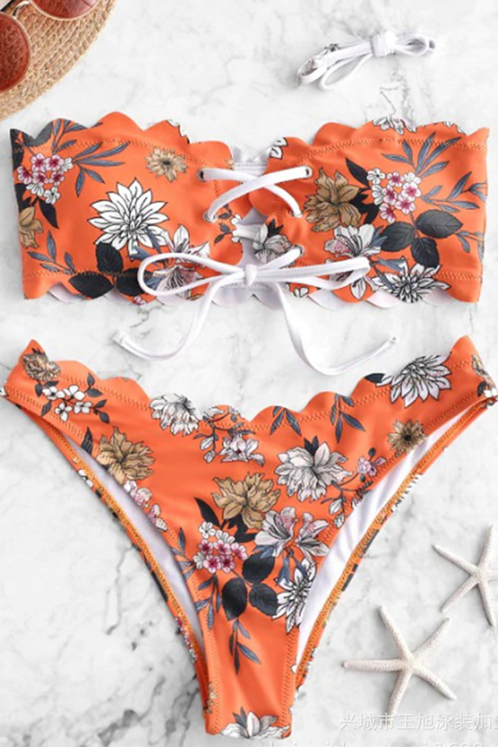 Women Magnificent Flower Printed Tie Strap Soft Breathable Two Piece Swimwear