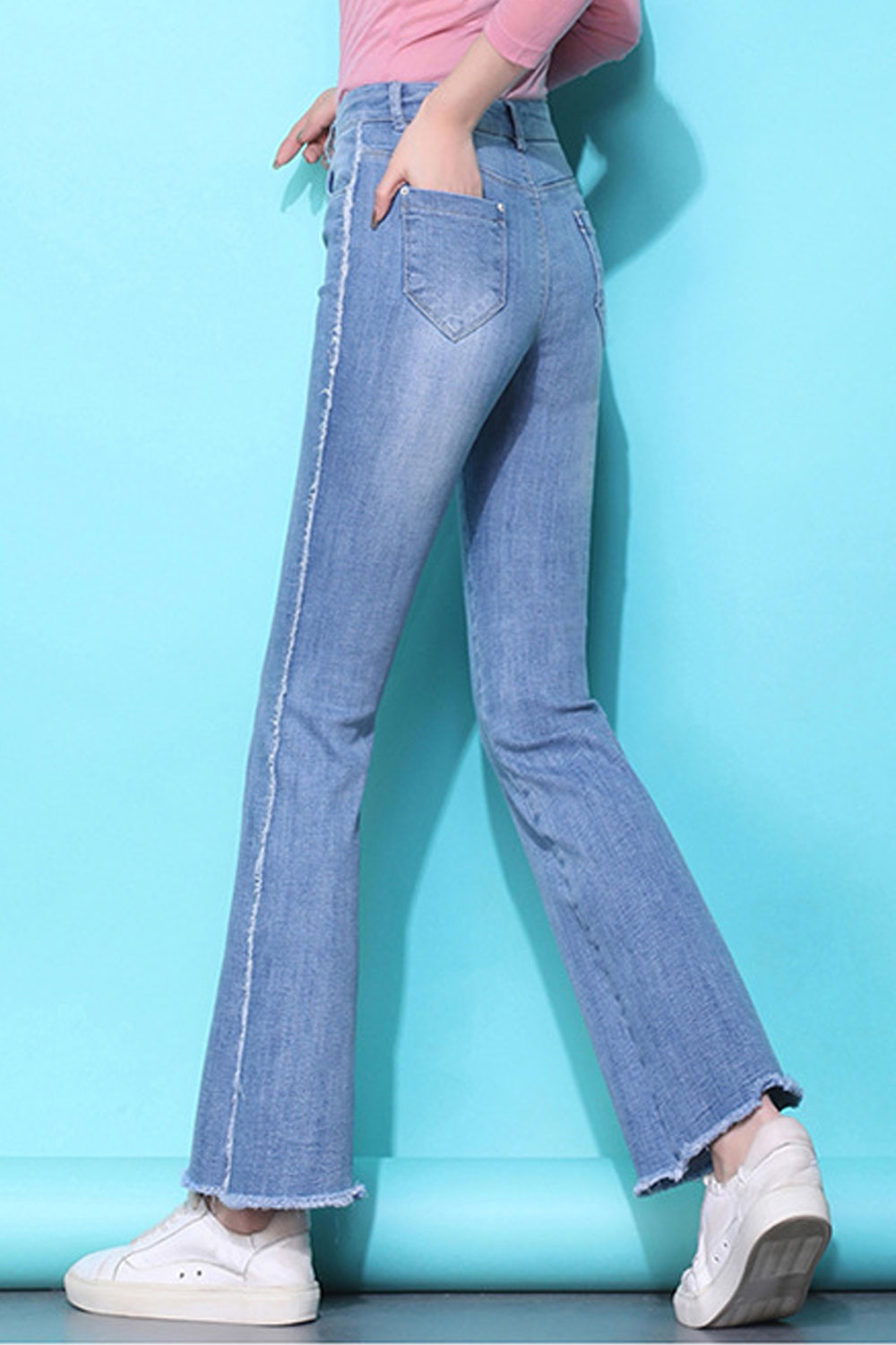 Women Flared Style High Waist Belt Loops Fashionable Soft Denim Jeans