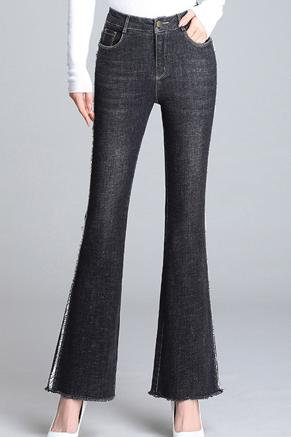 Women Flared Style High Waist Belt Loops Fashionable Soft Denim Jeans