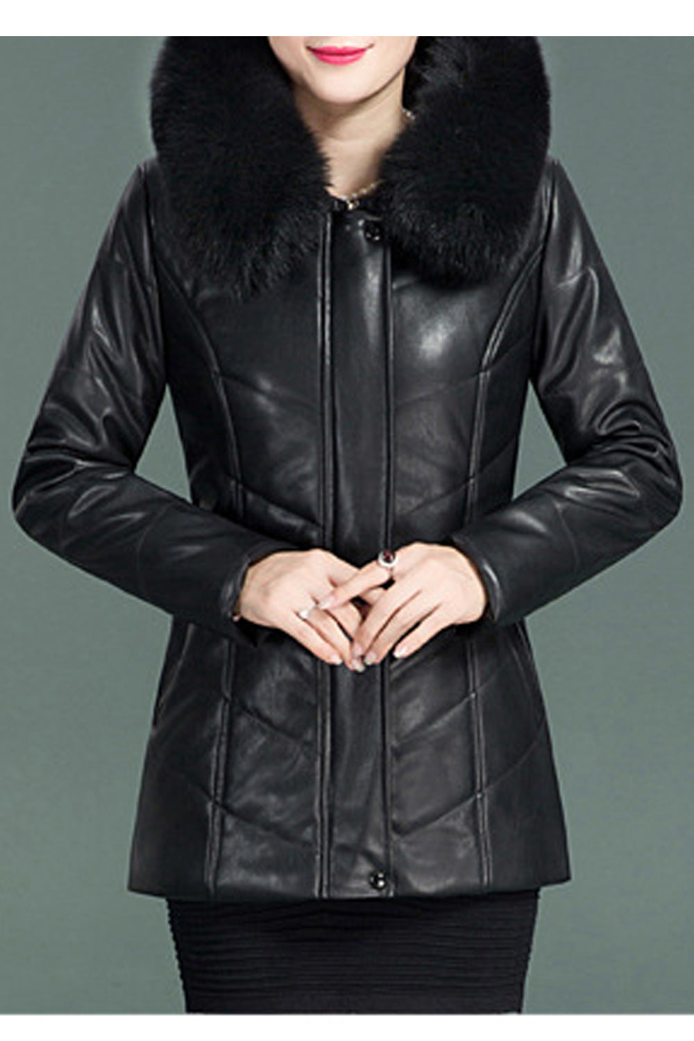 Womem Classy Pleate Sleeve Faux Collar Leather Jacket