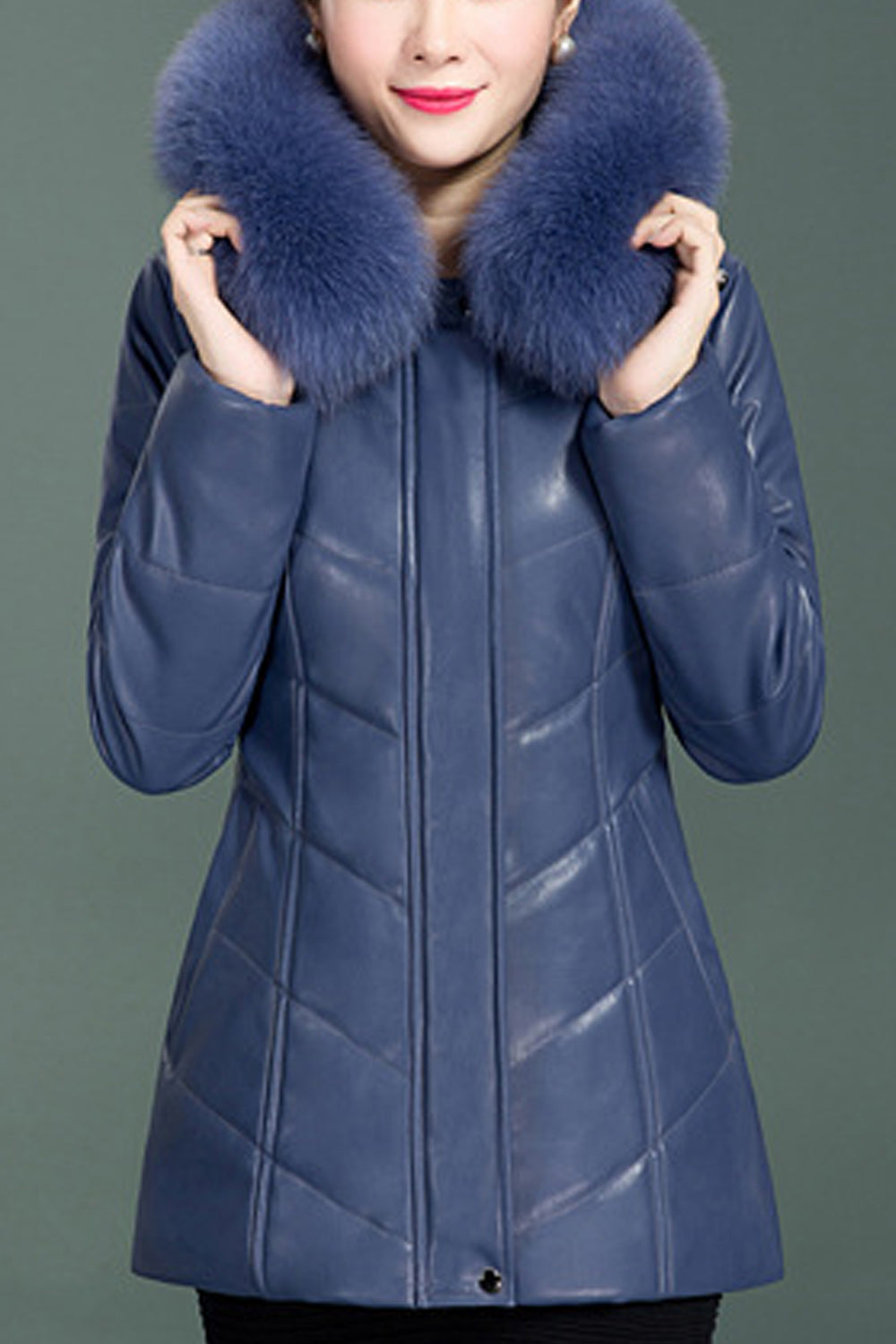 Womem Classy Pleate Sleeve Faux Collar Leather Jacket