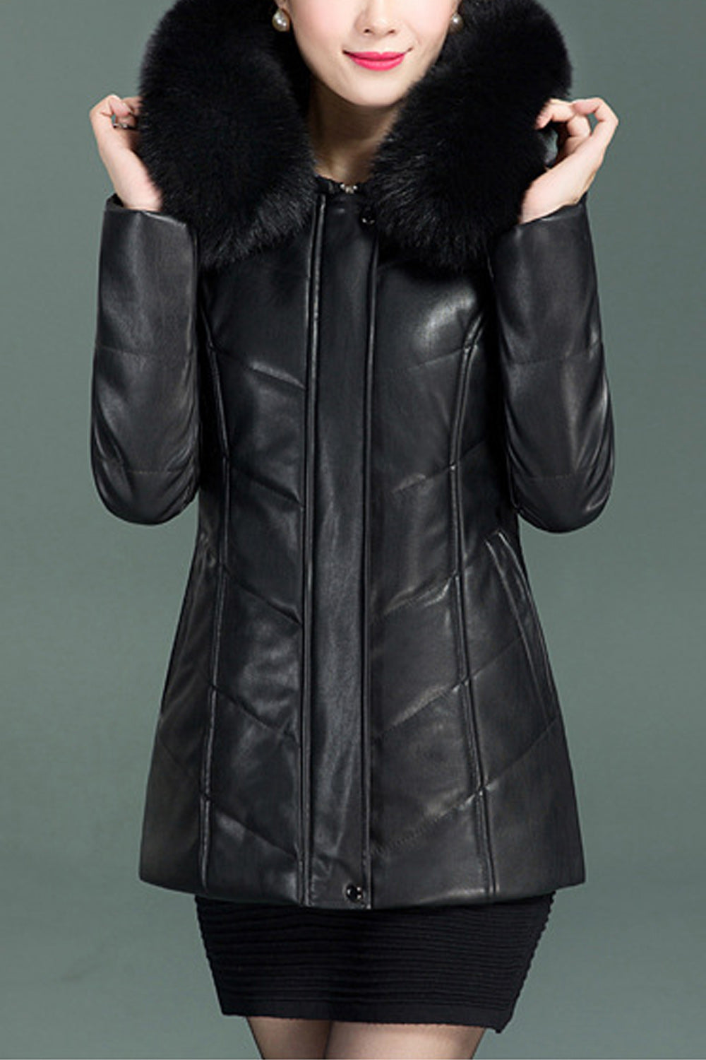 Womem Classy Pleate Sleeve Faux Collar Leather Jacket