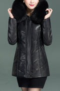 Womem Classy Pleate Sleeve Faux Collar Leather Jacket