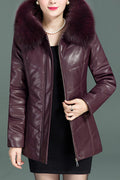 Womem Classy Pleate Sleeve Faux Collar Leather Jacket