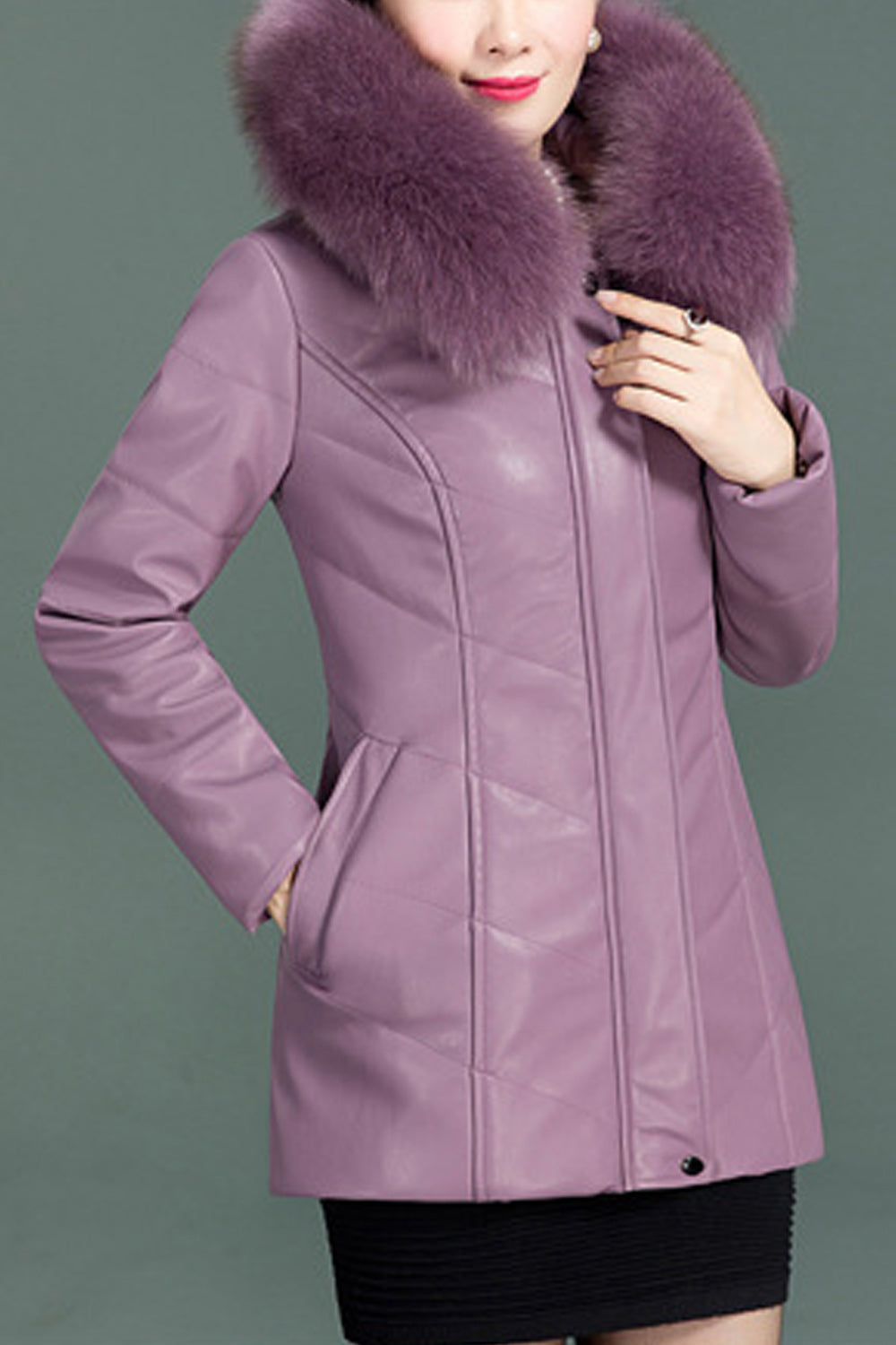 Womem Classy Pleate Sleeve Faux Collar Leather Jacket