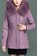 Womem Classy Pleate Sleeve Faux Collar Leather Jacket