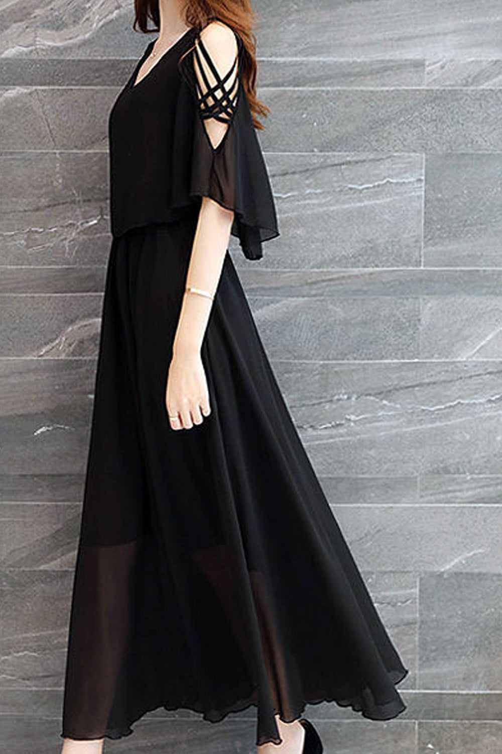 Women Restful V-Neck Breathable Short Sleeve Long Length Pleated Styled Amazing Solid Colored Dress