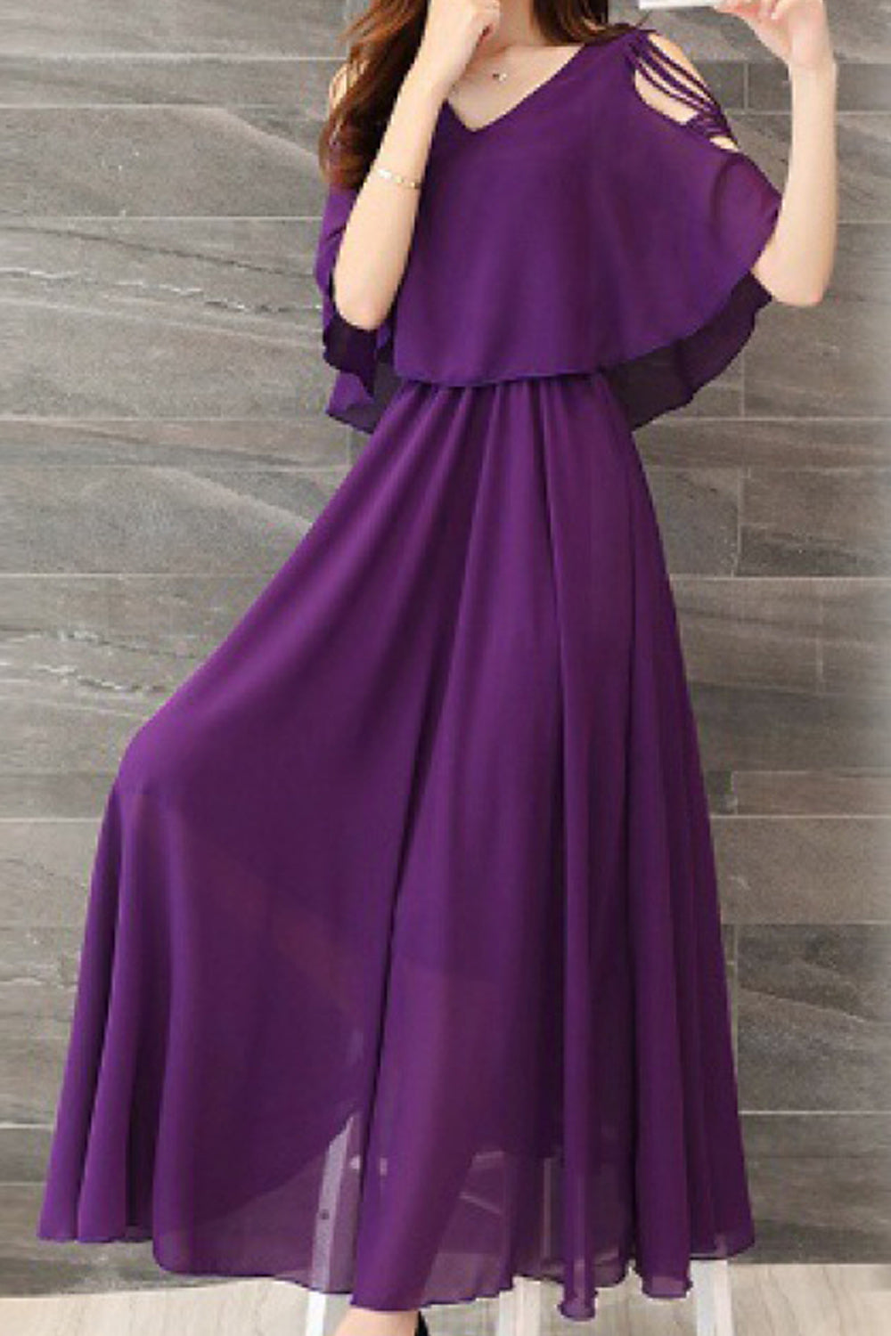 Women Restful V-Neck Breathable Short Sleeve Long Length Pleated Styled Amazing Solid Colored Dress