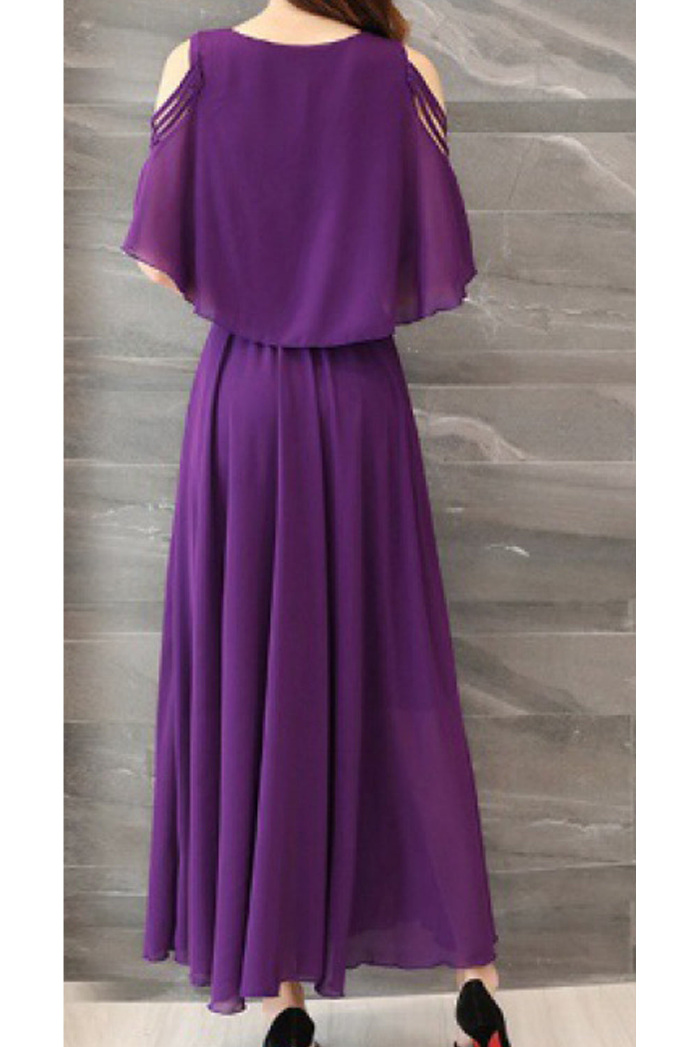 Women Restful V-Neck Breathable Short Sleeve Long Length Pleated Styled Amazing Solid Colored Dress