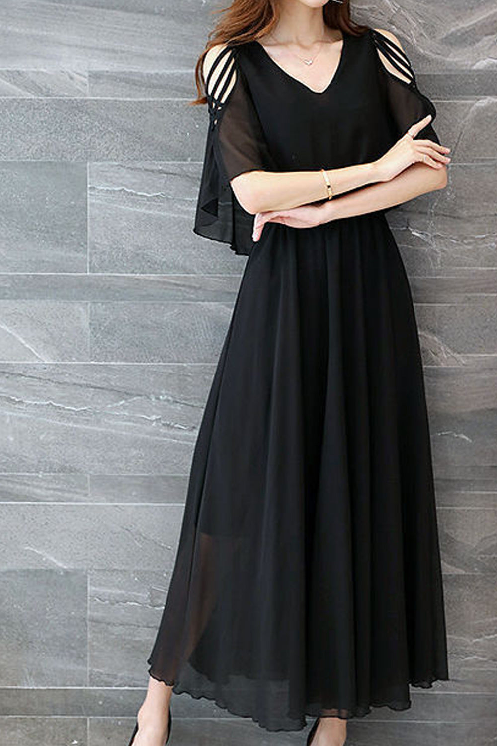 Women Restful V-Neck Breathable Short Sleeve Long Length Pleated Styled Amazing Solid Colored Dress