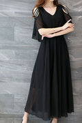 Women Restful V-Neck Breathable Short Sleeve Long Length Pleated Styled Amazing Solid Colored Dress