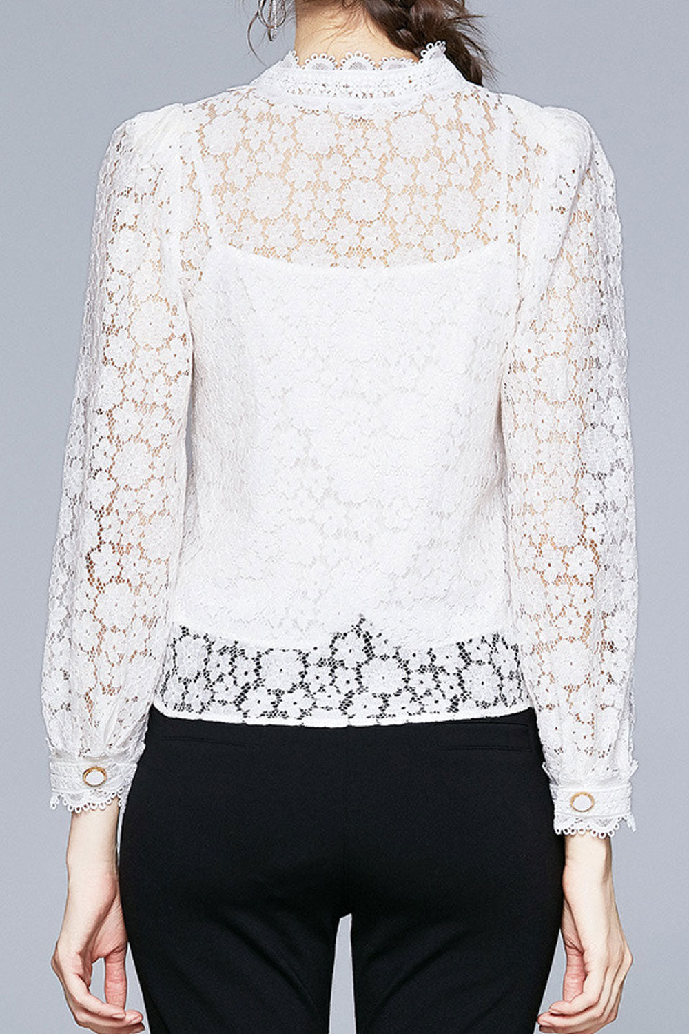 Women Fantastic Lace Pattern Loose Long Sleeve V-Neck Restful Button Closure Shirt