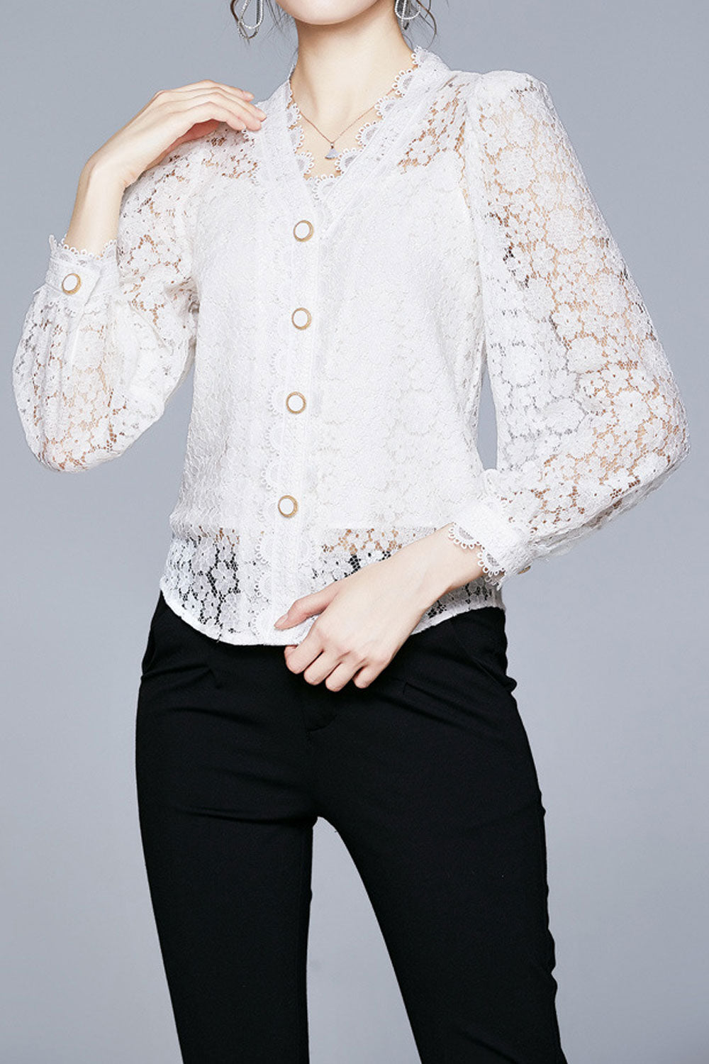 Women Fantastic Lace Pattern Loose Long Sleeve V-Neck Restful Button Closure Shirt