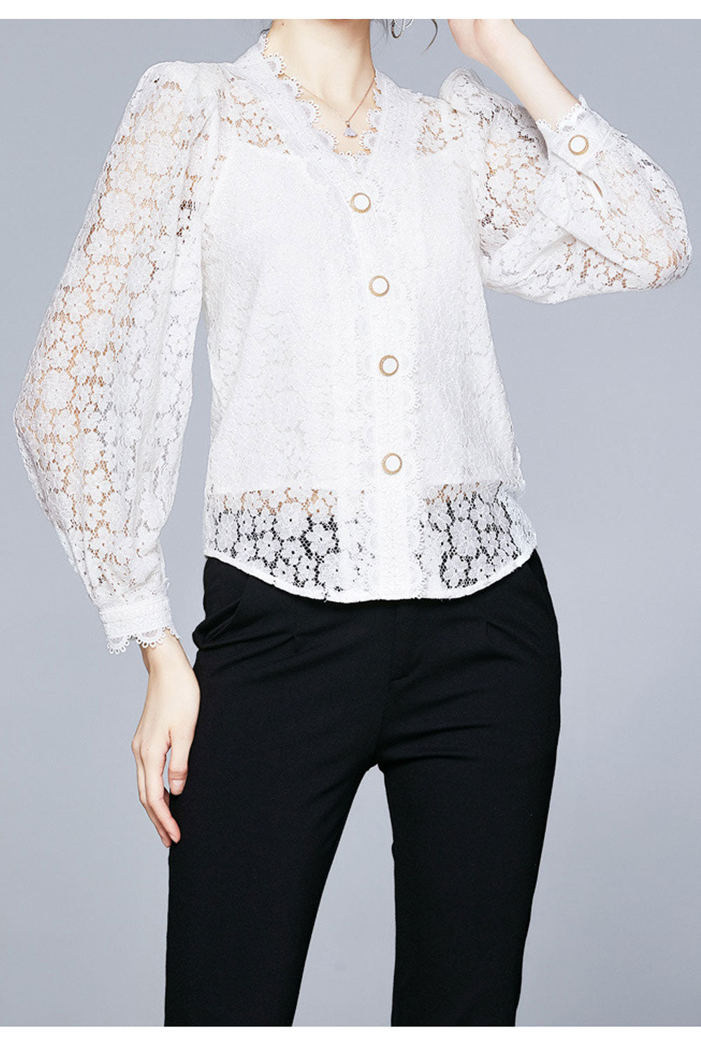 Women Fantastic Lace Pattern Loose Long Sleeve V-Neck Restful Button Closure Shirt