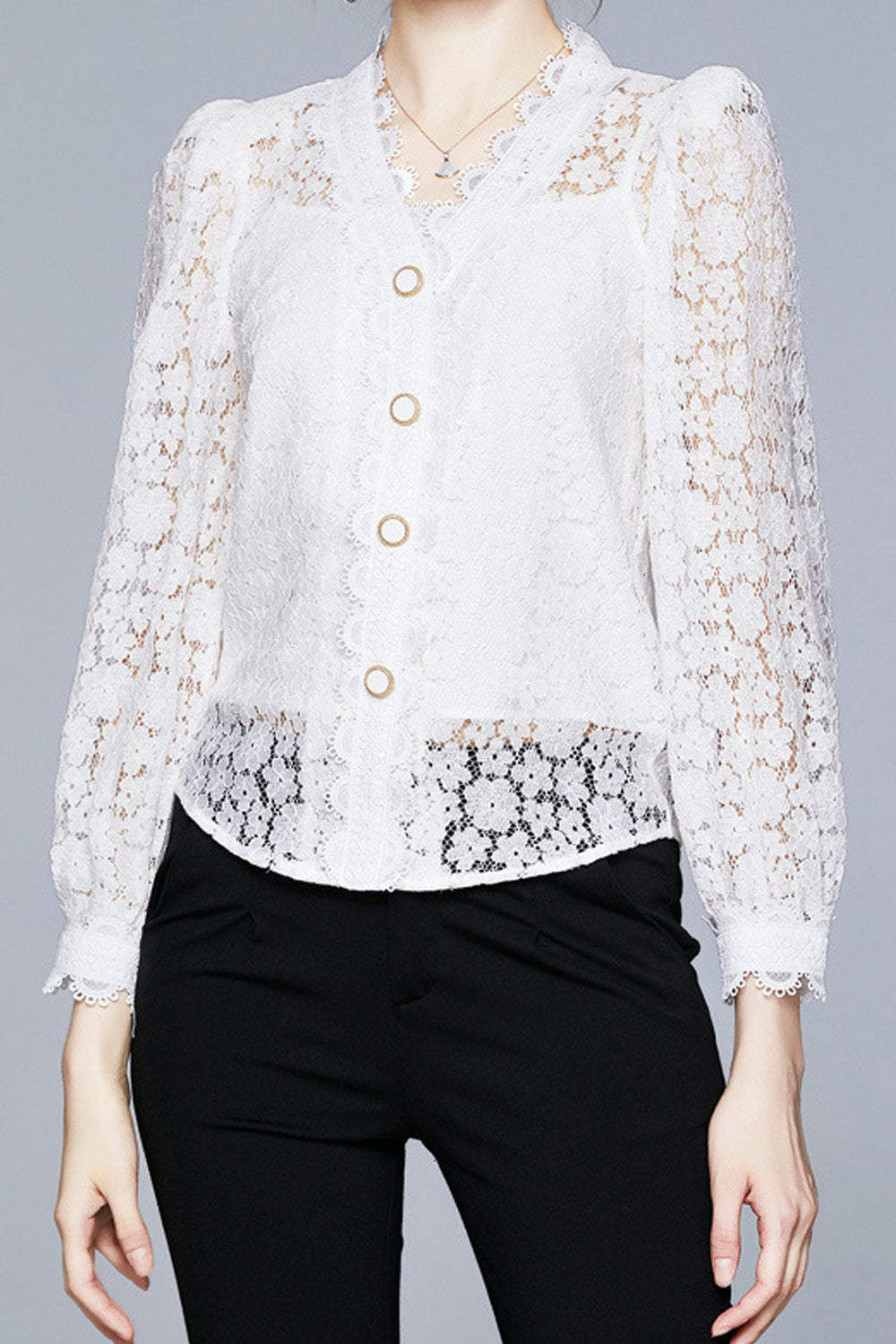 Women Fantastic Lace Pattern Loose Long Sleeve V-Neck Restful Button Closure Shirt