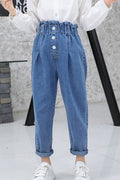 Kids Girls Restful Elasticated Waist Superb Solid Colored Folded Ankle Comfortable Denim Jeans