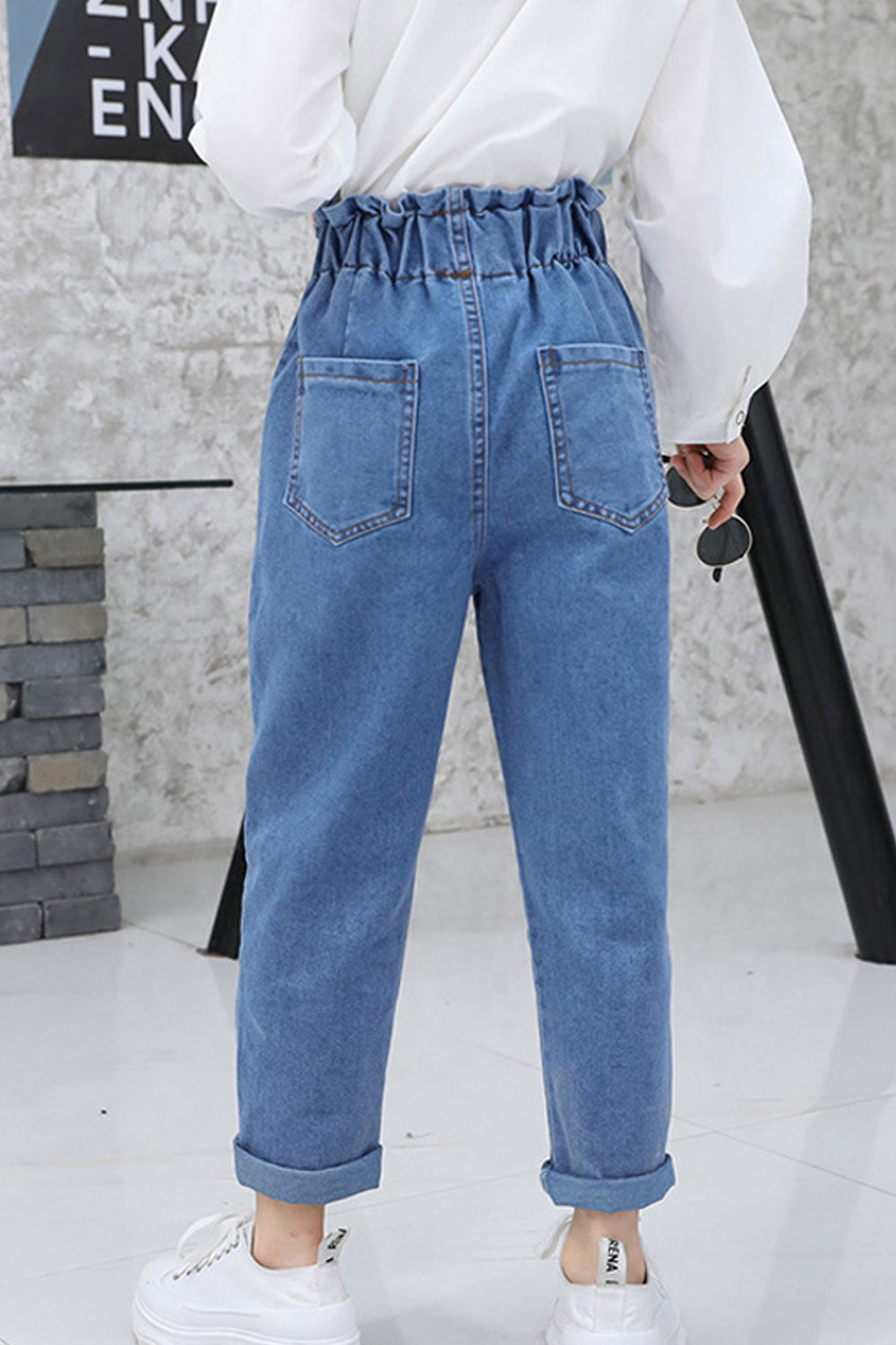 Kids Girls Restful Elasticated Waist Superb Solid Colored Folded Ankle Comfortable Denim Jeans