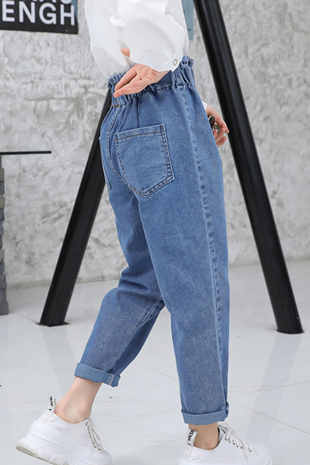 Kids Girls Restful Elasticated Waist Superb Solid Colored Folded Ankle Comfortable Denim Jeans