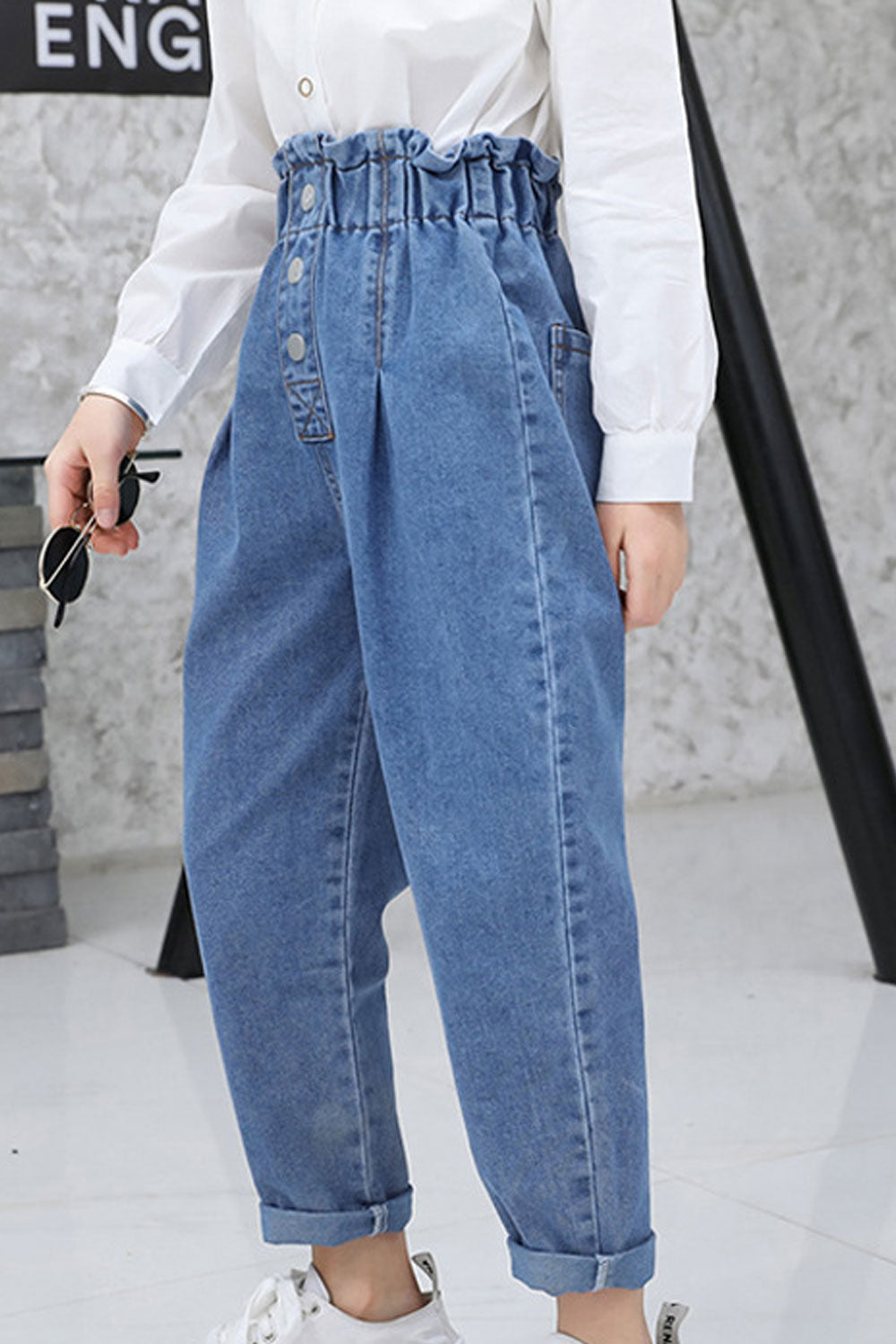 Kids Girls Restful Elasticated Waist Superb Solid Colored Folded Ankle Comfortable Denim Jeans