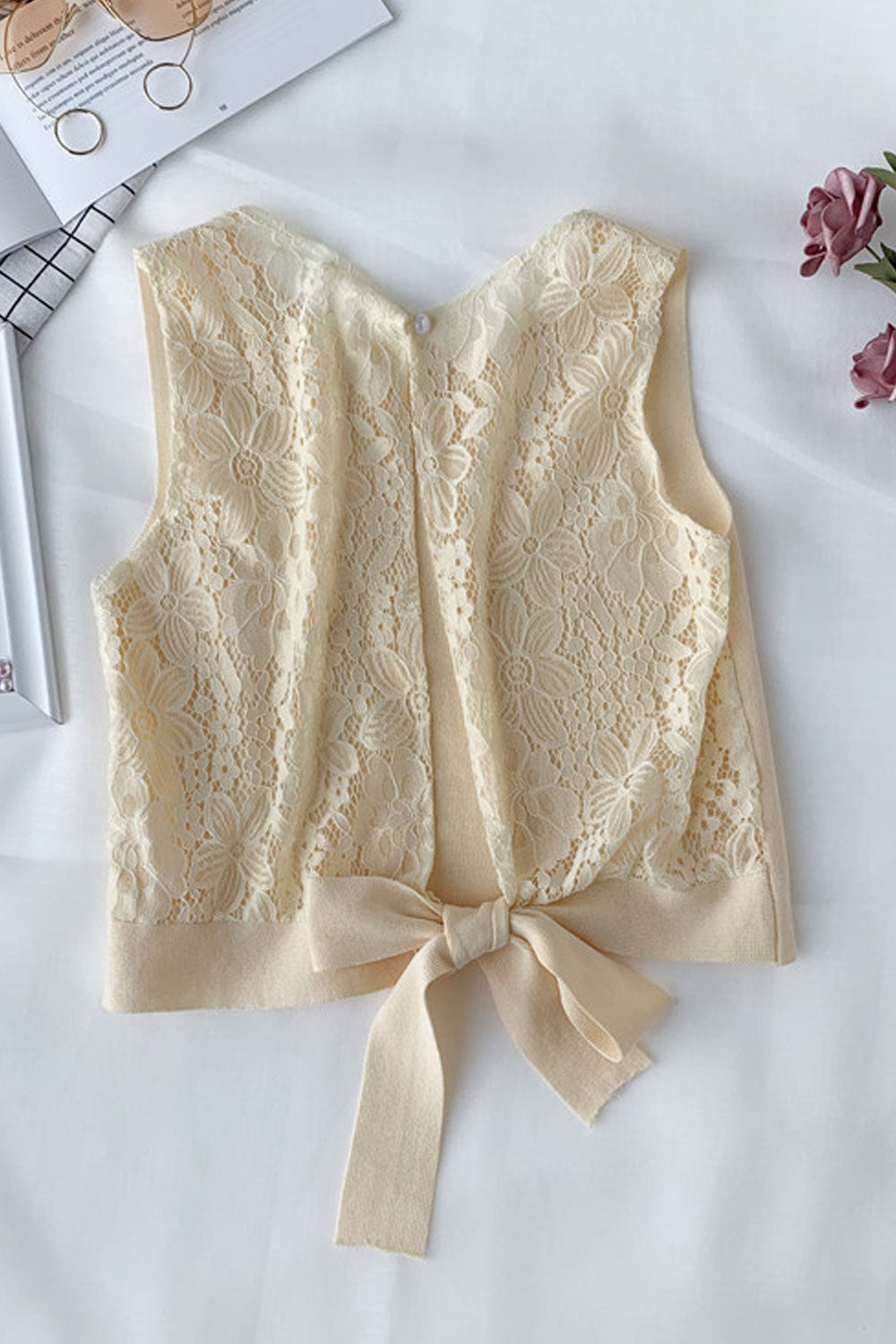 Women Thin & Soft Beautiful Lace Pattern Round Neck Knotted Waist Summer Sleeveless Fashion Top