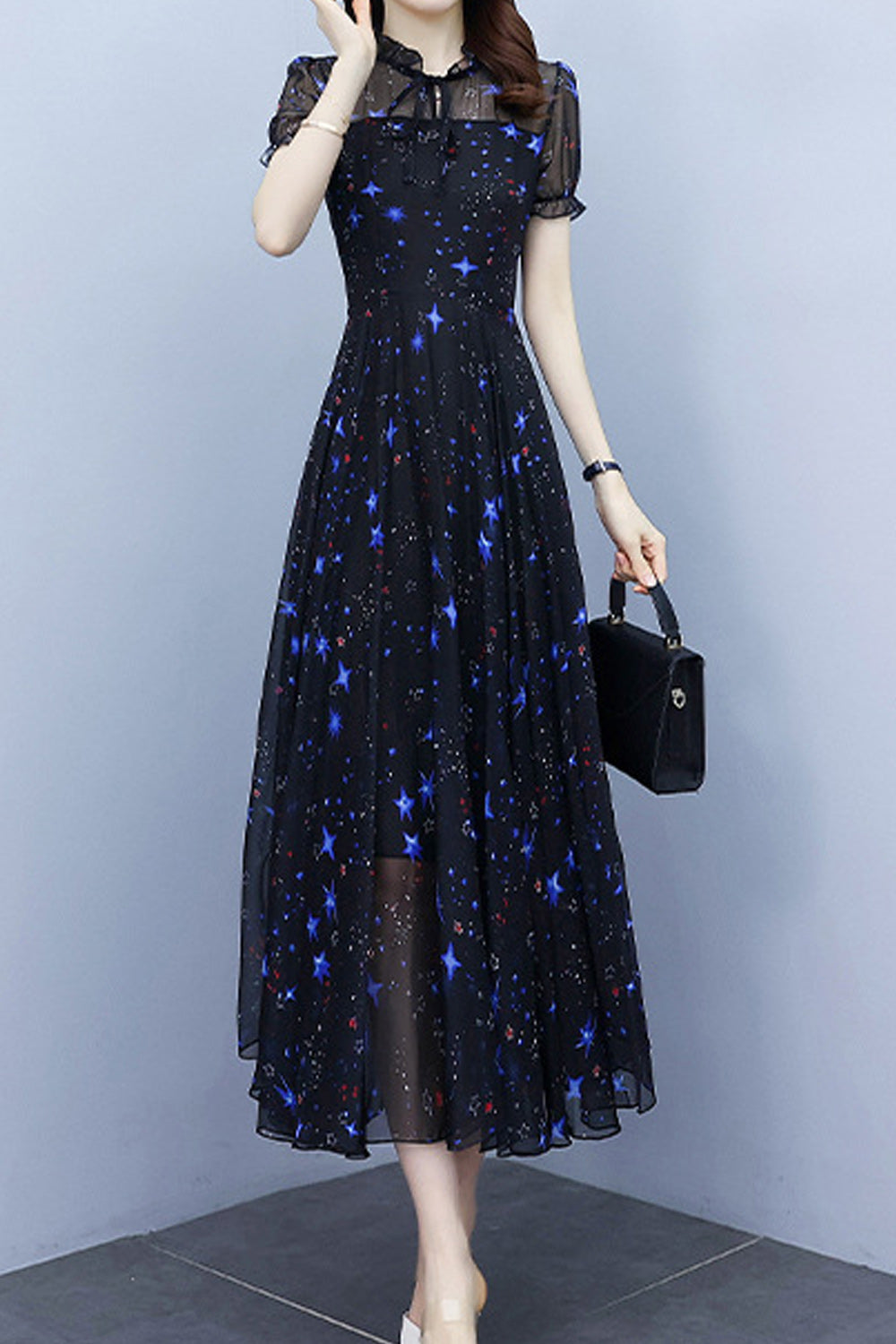 Women Lovely Long Length Short Sleeve Chiffon Round Neck Summer Printed Pattern Wonderful Dress
