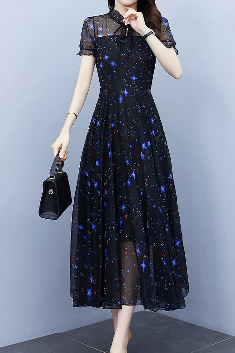 Women Lovely Long Length Short Sleeve Chiffon Round Neck Summer Printed Pattern Wonderful Dress
