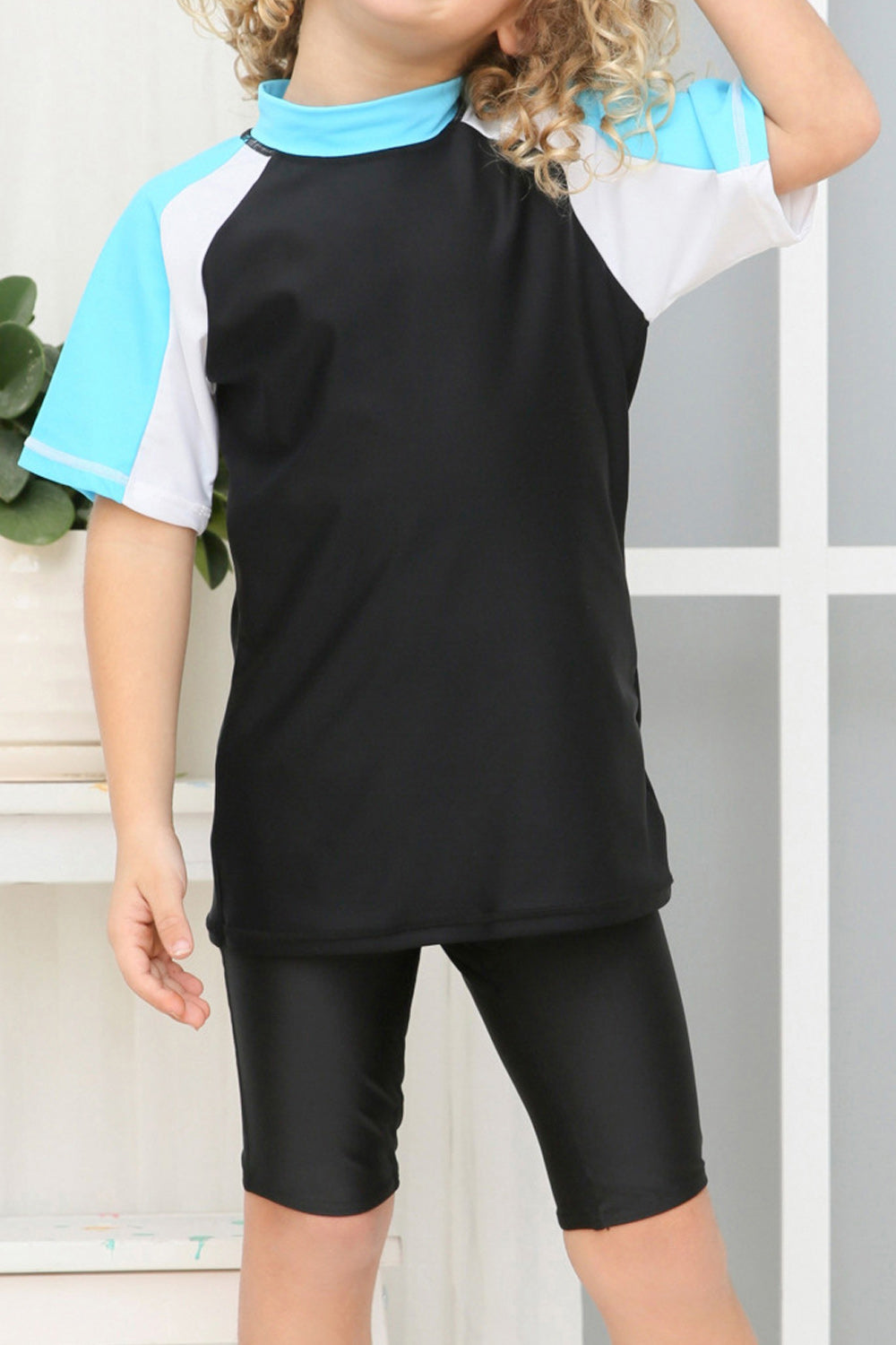Kids Boys Stylish Short Sleeve Collar Neck Breathable Swimsuit Set