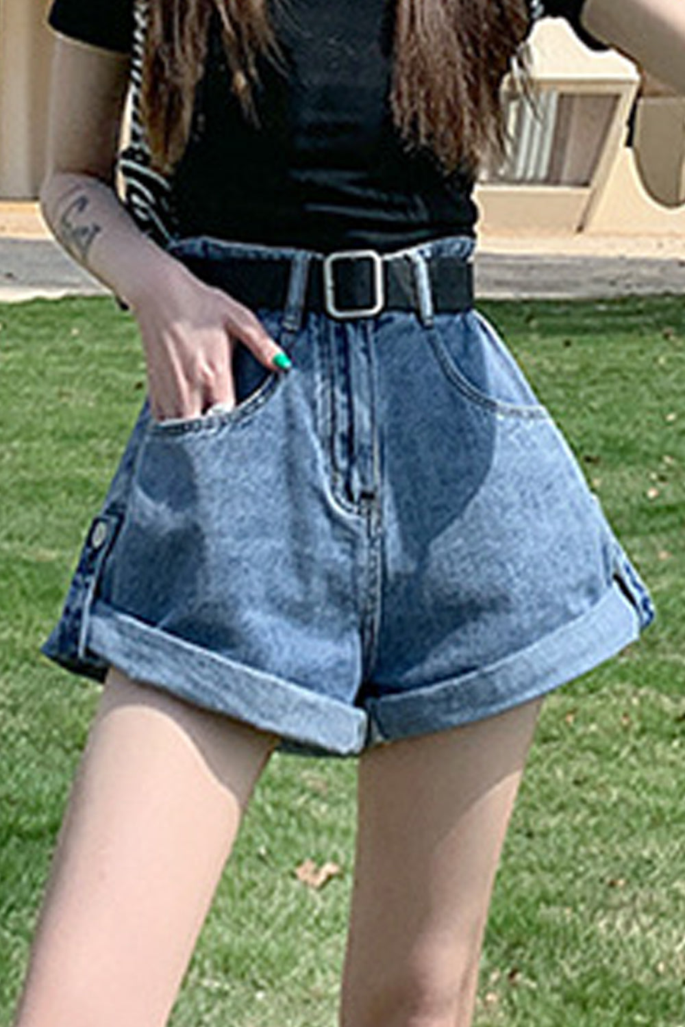 Women Summer Wide-Leg Superb Solid Colored Easy High Waist Curled Denim Short