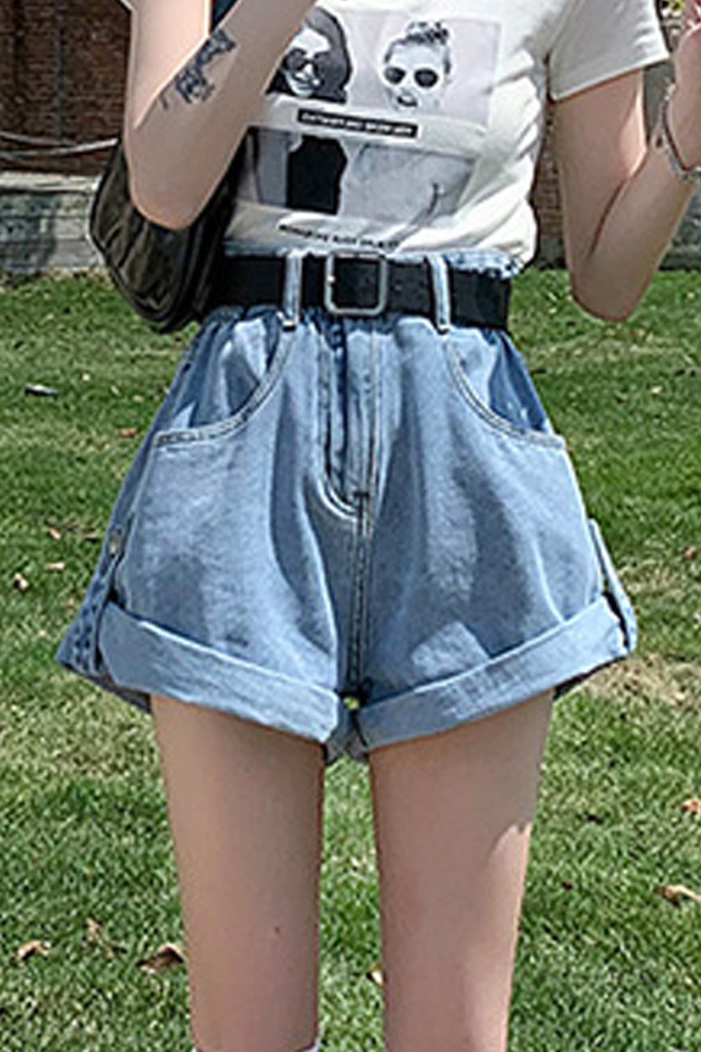 Women Summer Wide-Leg Superb Solid Colored Easy High Waist Curled Denim Short