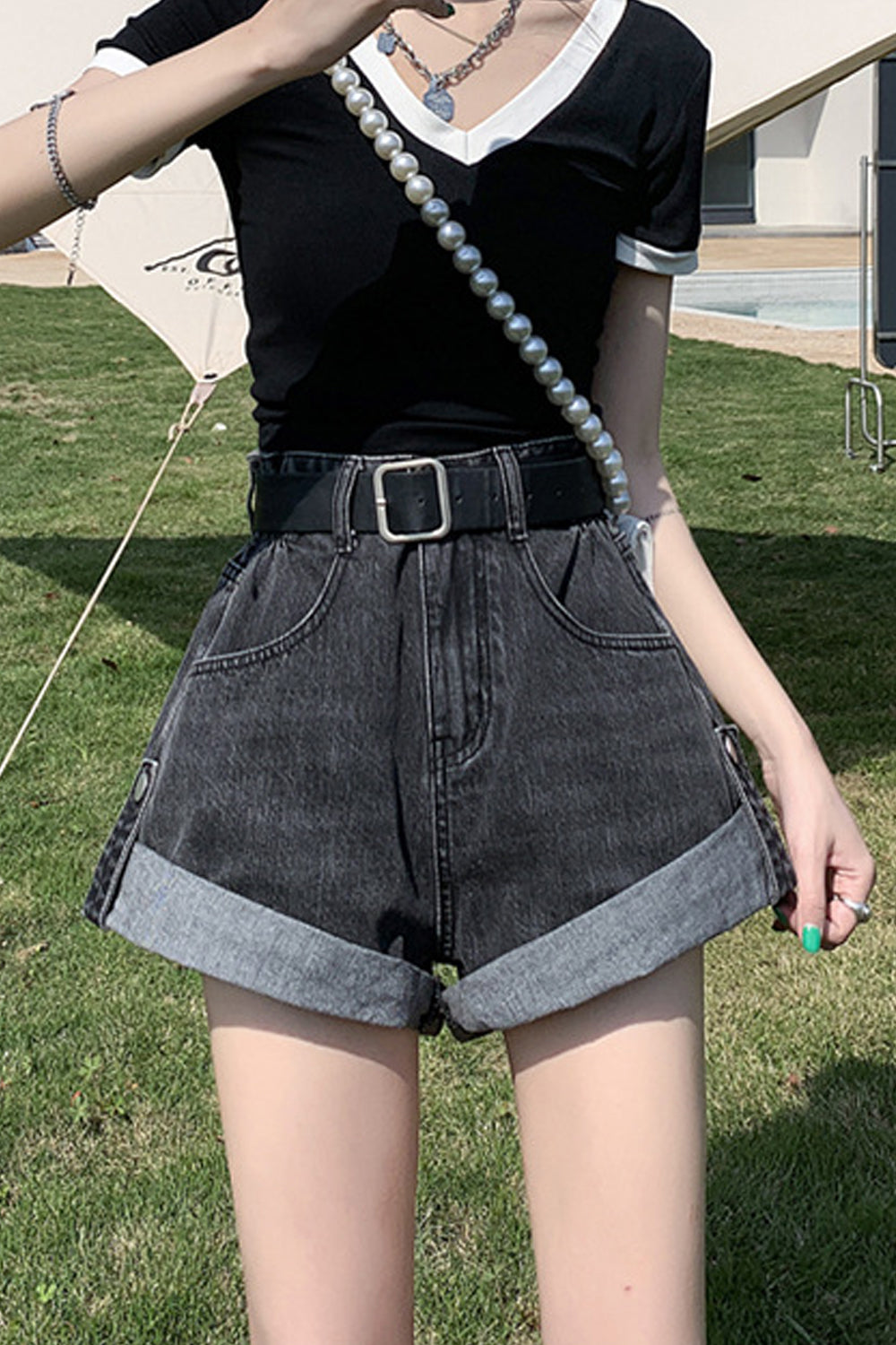 Women Summer Wide-Leg Superb Solid Colored Easy High Waist Curled Denim Short
