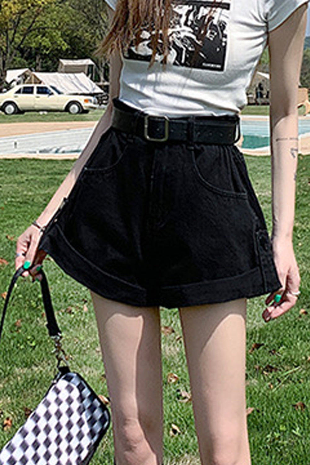 Women Summer Wide-Leg Superb Solid Colored Easy High Waist Curled Denim Short