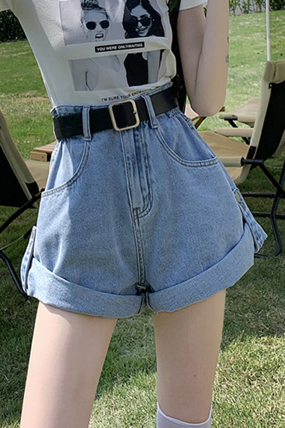 Women Summer Wide-Leg Superb Solid Colored Easy High Waist Curled Denim Short