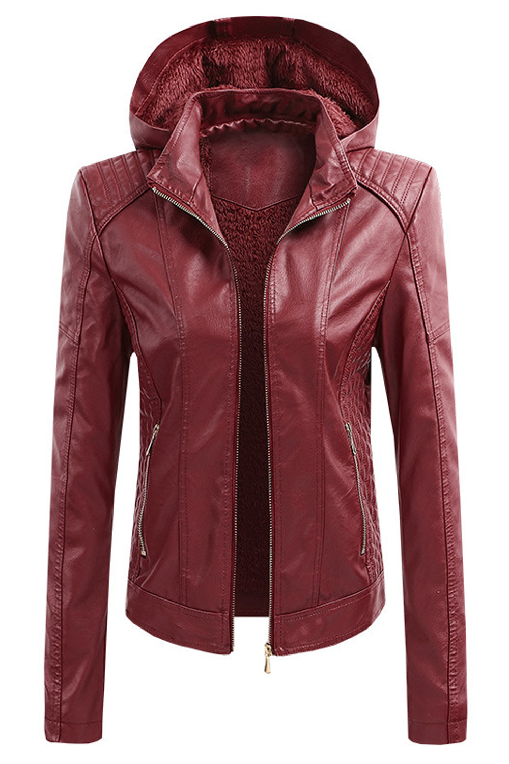 Women Easy Zipper Closure Style Slim Fit Long Sleeve Hooded Neck Winter PU Leather Jacket