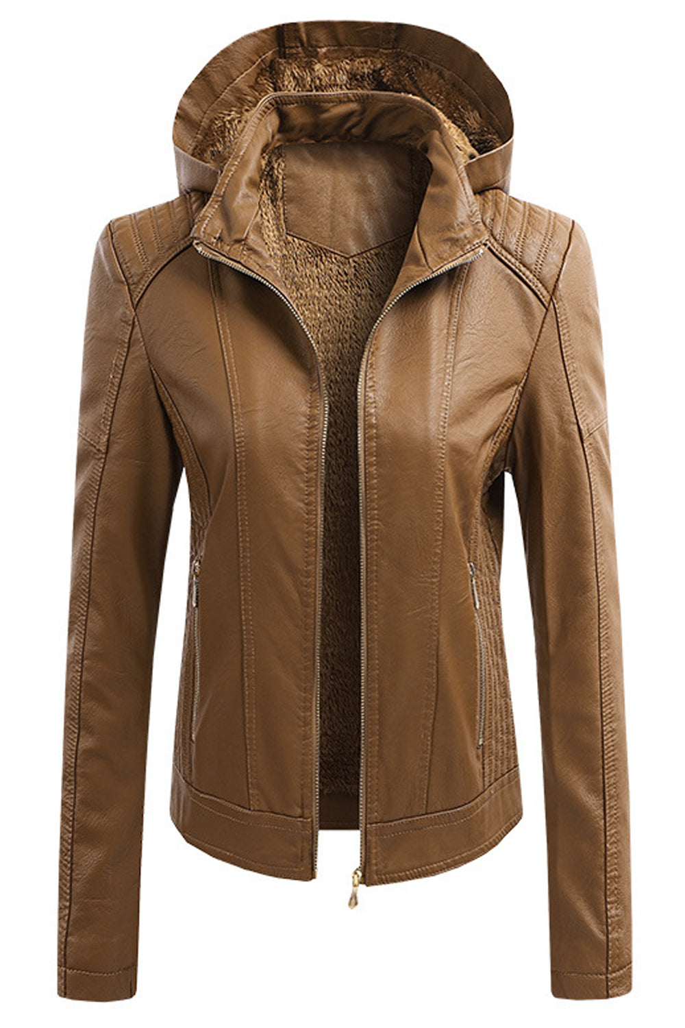 Women Easy Zipper Closure Style Slim Fit Long Sleeve Hooded Neck Winter PU Leather Jacket