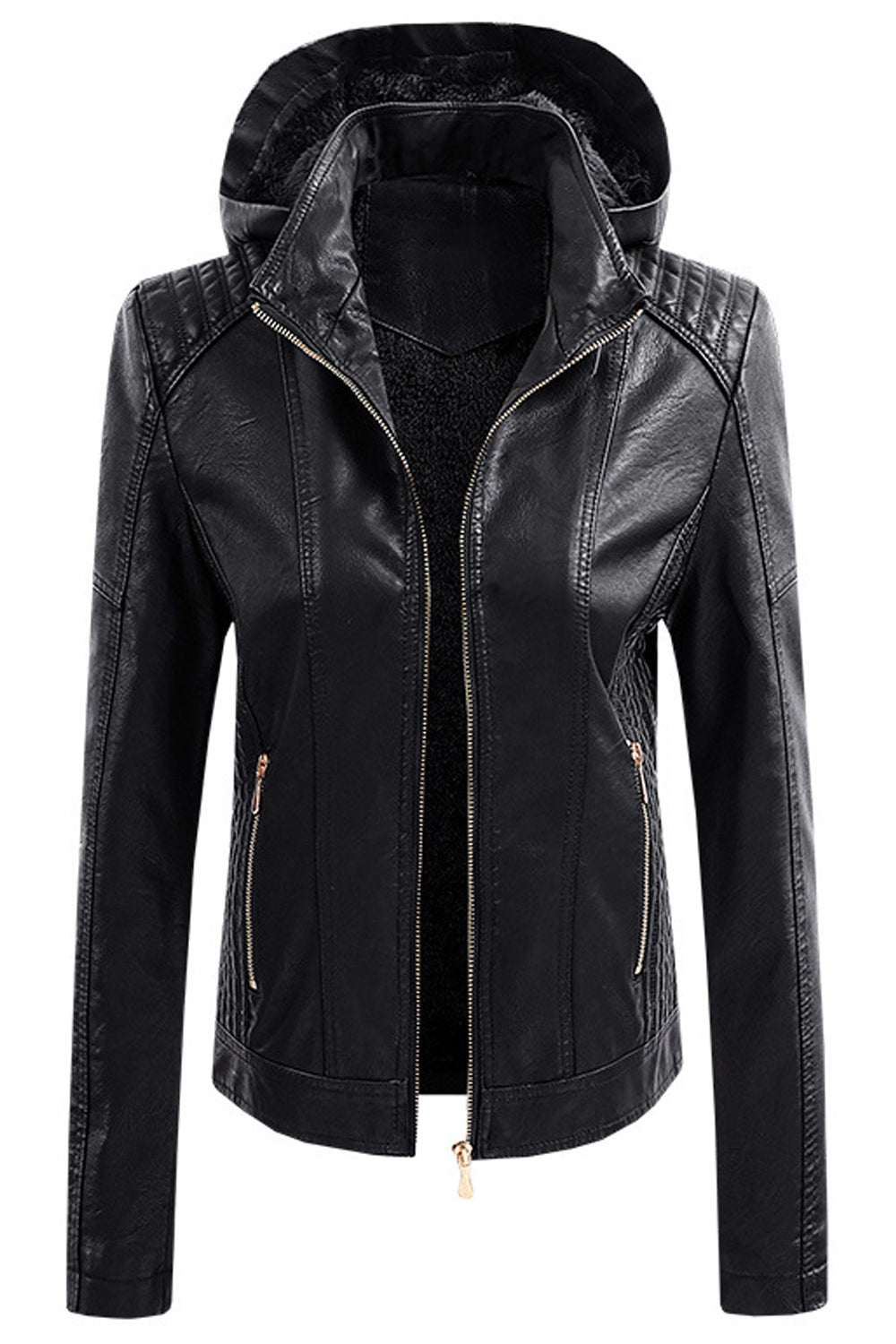 Women Easy Zipper Closure Style Slim Fit Long Sleeve Hooded Neck Winter PU Leather Jacket
