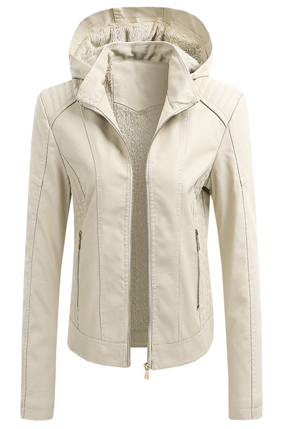 Women Easy Zipper Closure Style Slim Fit Long Sleeve Hooded Neck Winter PU Leather Jacket