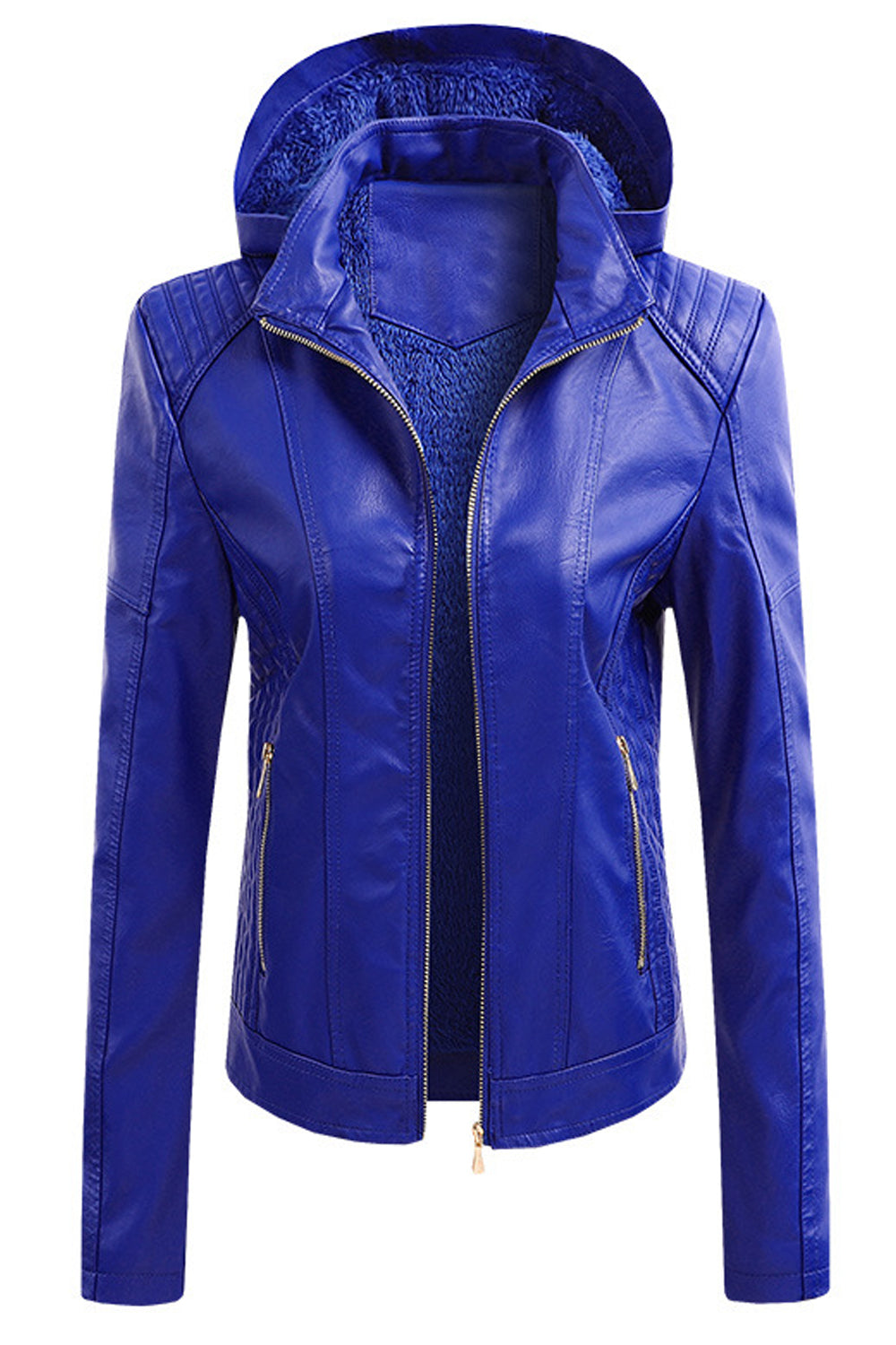 Women Easy Zipper Closure Style Slim Fit Long Sleeve Hooded Neck Winter PU Leather Jacket