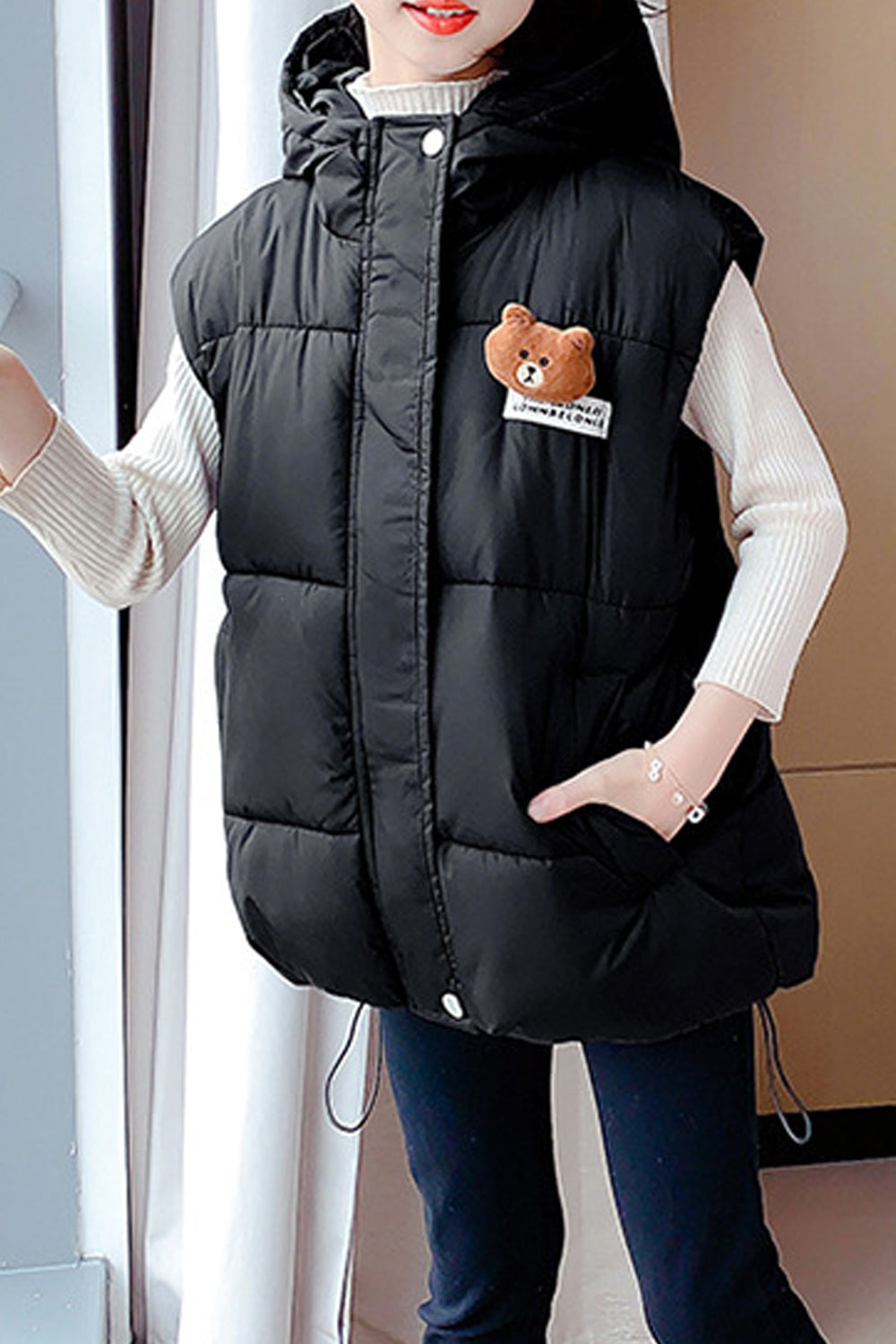 Kids Girls Pretty Solid Colored Easy Hooded Neck Zipper Closure Sleeveless Winter Padded Vest