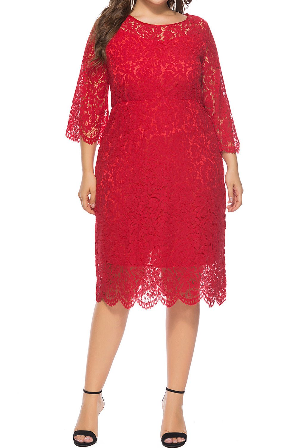 Women Plus Hollow Lace Pretty Round Neck Breathable Solid Colored Dress