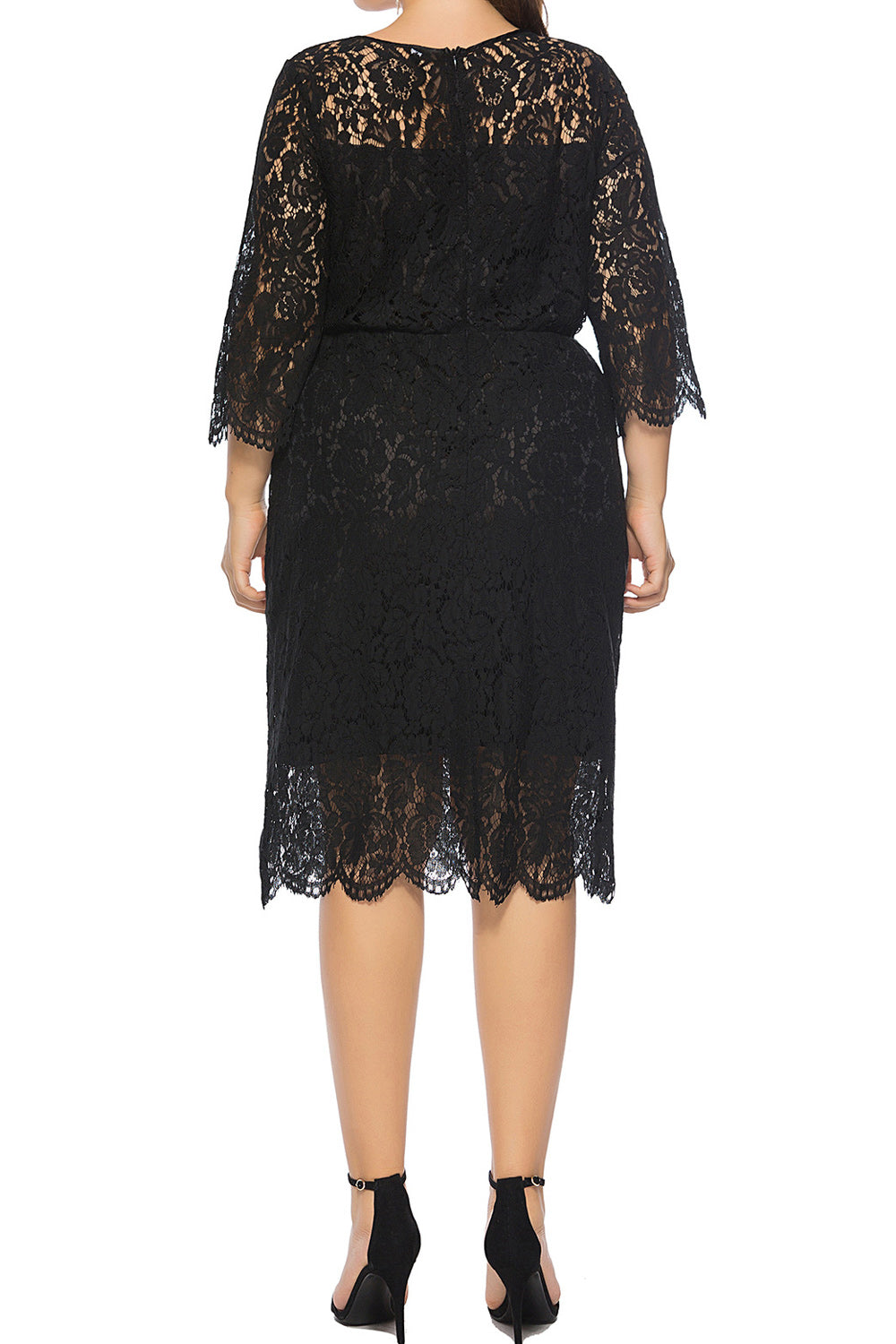 Women Plus Hollow Lace Pretty Round Neck Breathable Solid Colored Dress
