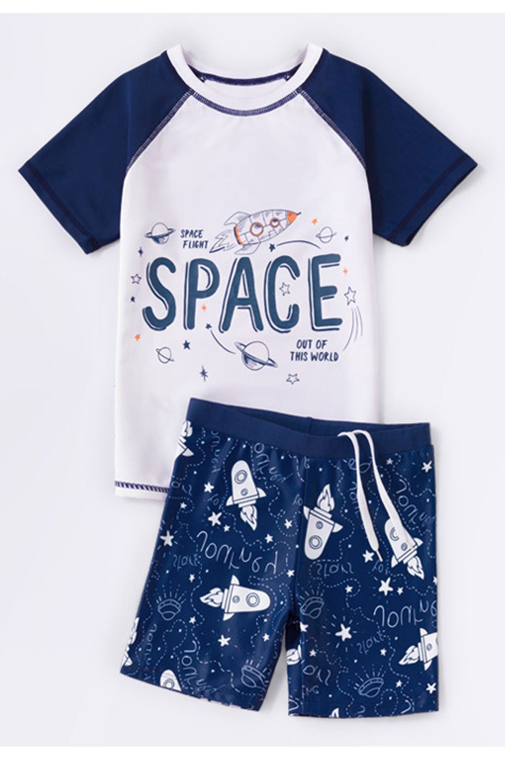 Kids Boys Easy Drawstring Waist Round Neck Short Sleeve Two-Piece Stylish Printed Pattern Swimwear