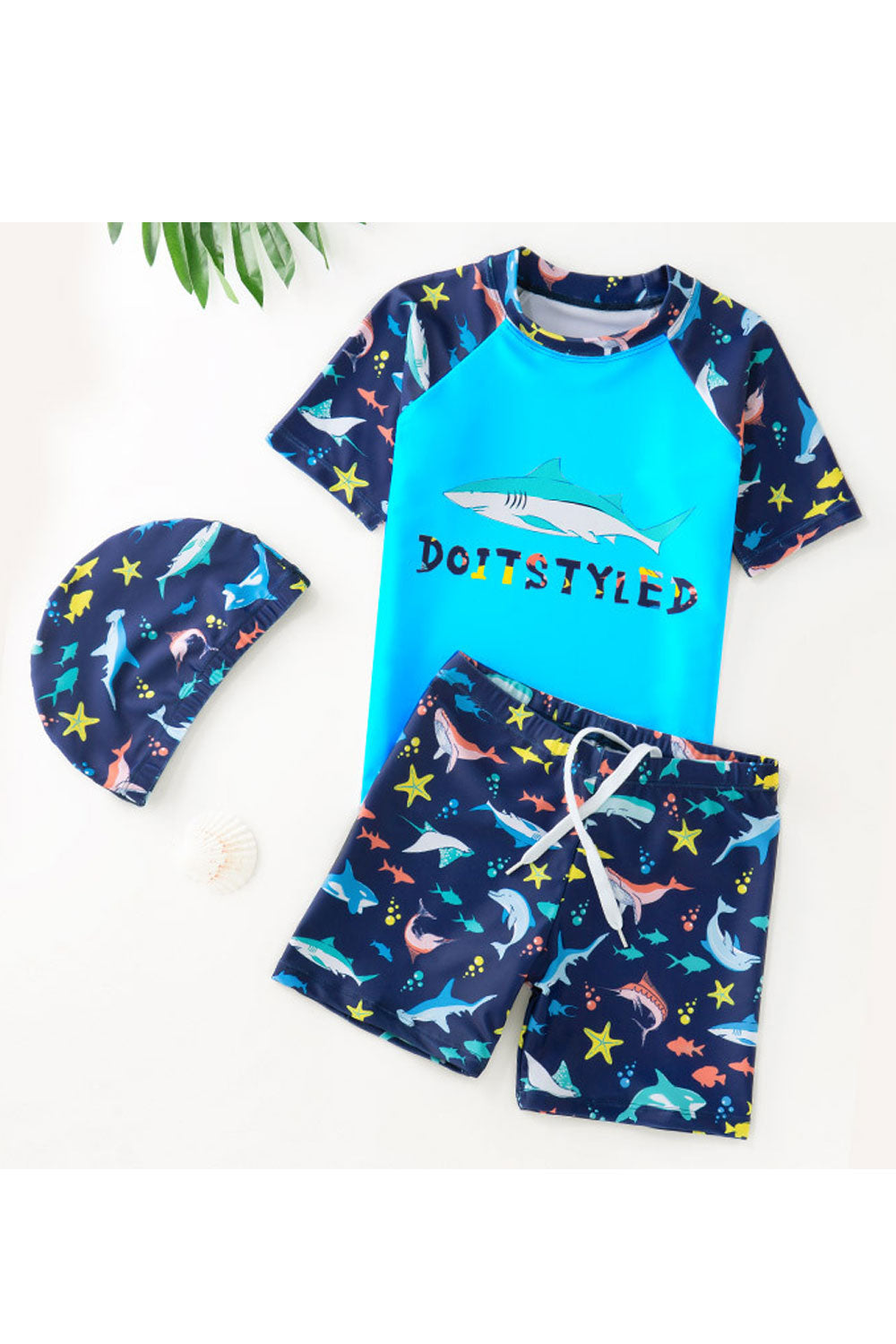 Kids Boys Sophisticated Printed Pattern Thin & Soft Summer Two-Piece Round Neck Pool Swimwear