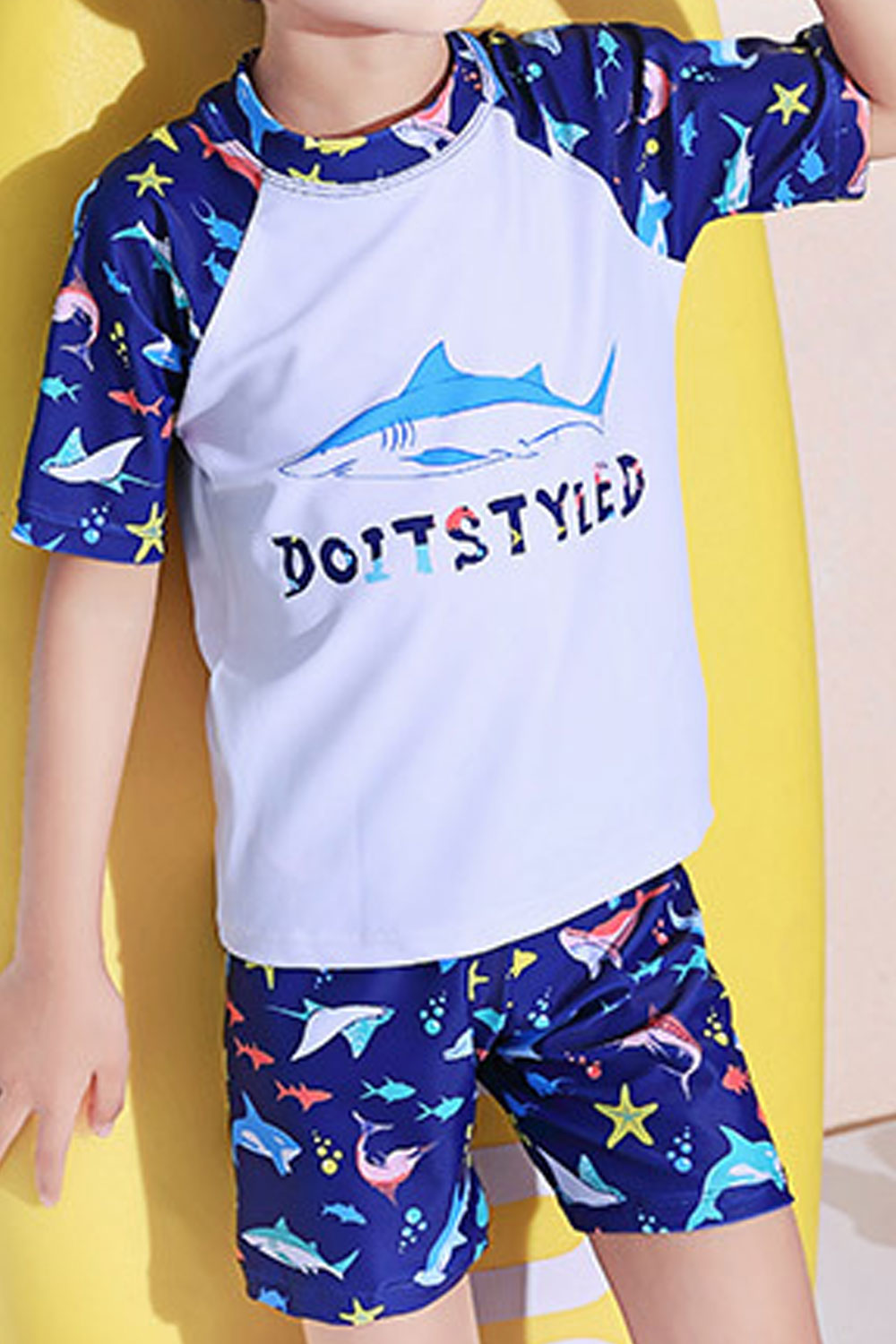 Kids Boys Sophisticated Printed Pattern Thin & Soft Summer Two-Piece Round Neck Pool Swimwear