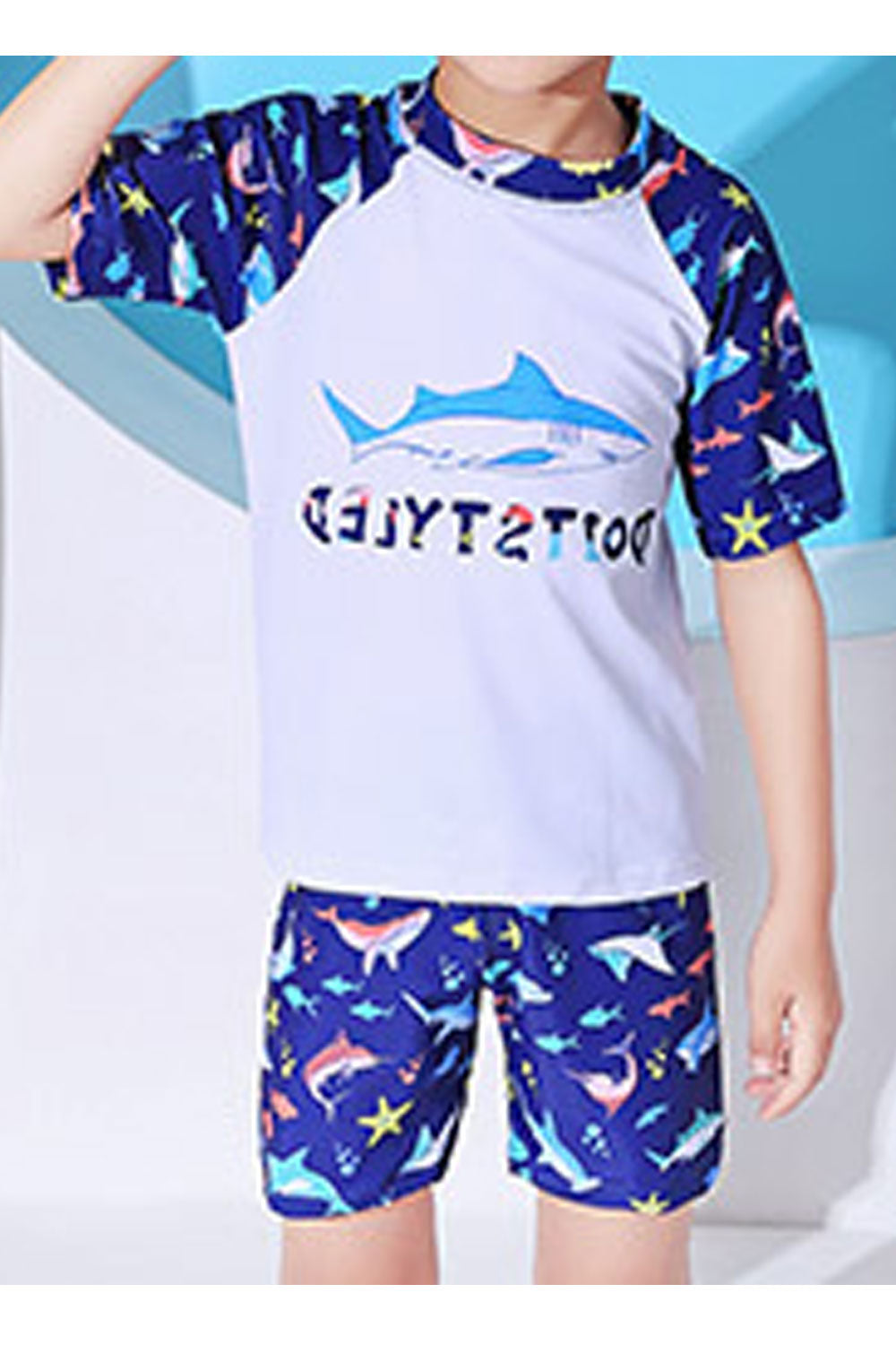 Kids Boys Sophisticated Printed Pattern Thin & Soft Summer Two-Piece Round Neck Pool Swimwear